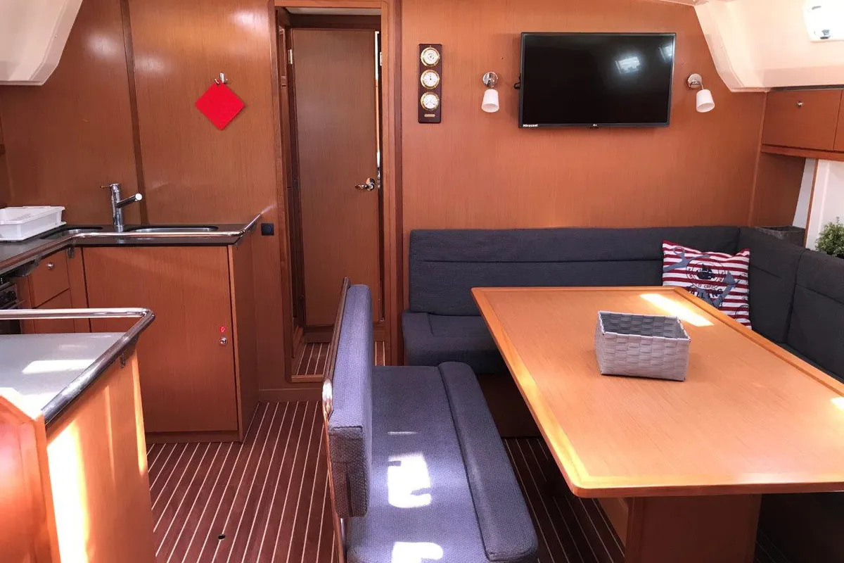 Salon of Juniper, a Bavaria 50 Cruiser sailboat at Lefkada, Greece