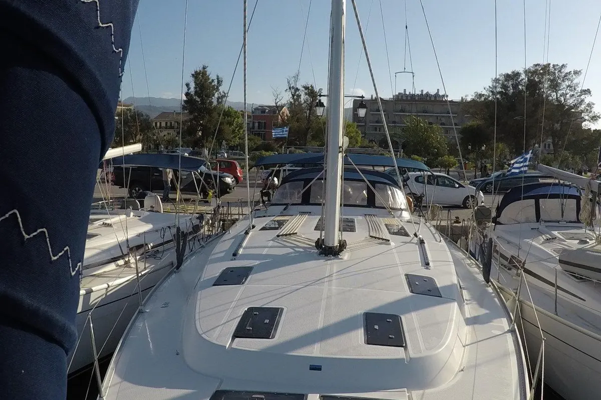Deck of Juniper, a Bavaria 50 Cruiser sailboat at Lefkada, Greece