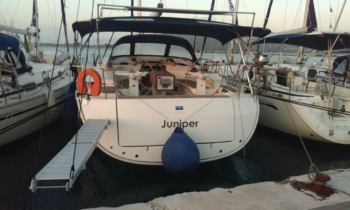 Exterior view of Juniper, a Bavaria 50 Cruiser sailboat at Lefkada, Greece