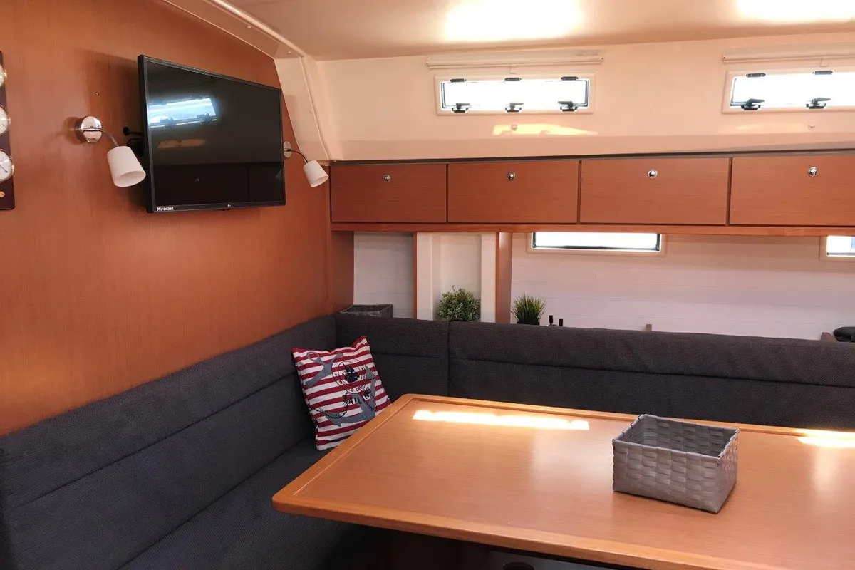 Salon of Juniper, a Bavaria 50 Cruiser sailboat at Lefkada, Greece