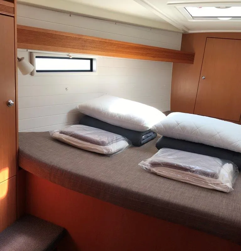 Cabin on Juniper, a Bavaria 50 Cruiser sailboat at Lefkada, Greece