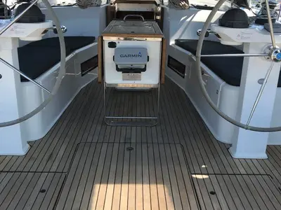 Cockpit of Juniper, a Bavaria 50 Cruiser sailboat at Lefkada, Greece
