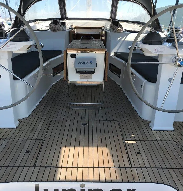Cockpit of Juniper, a Bavaria 50 Cruiser sailboat at Lefkada, Greece