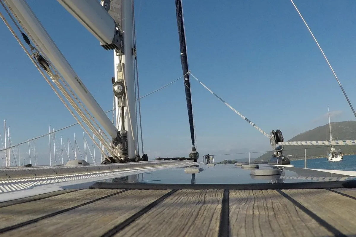 Deck of Juniper, a Bavaria 50 Cruiser sailboat at Lefkada, Greece