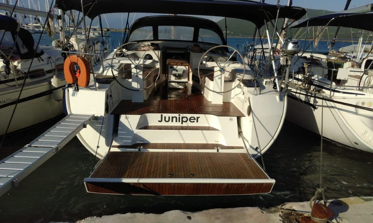 Exterior view of Juniper, a Bavaria 50 Cruiser sailboat at Lefkada, Greece
