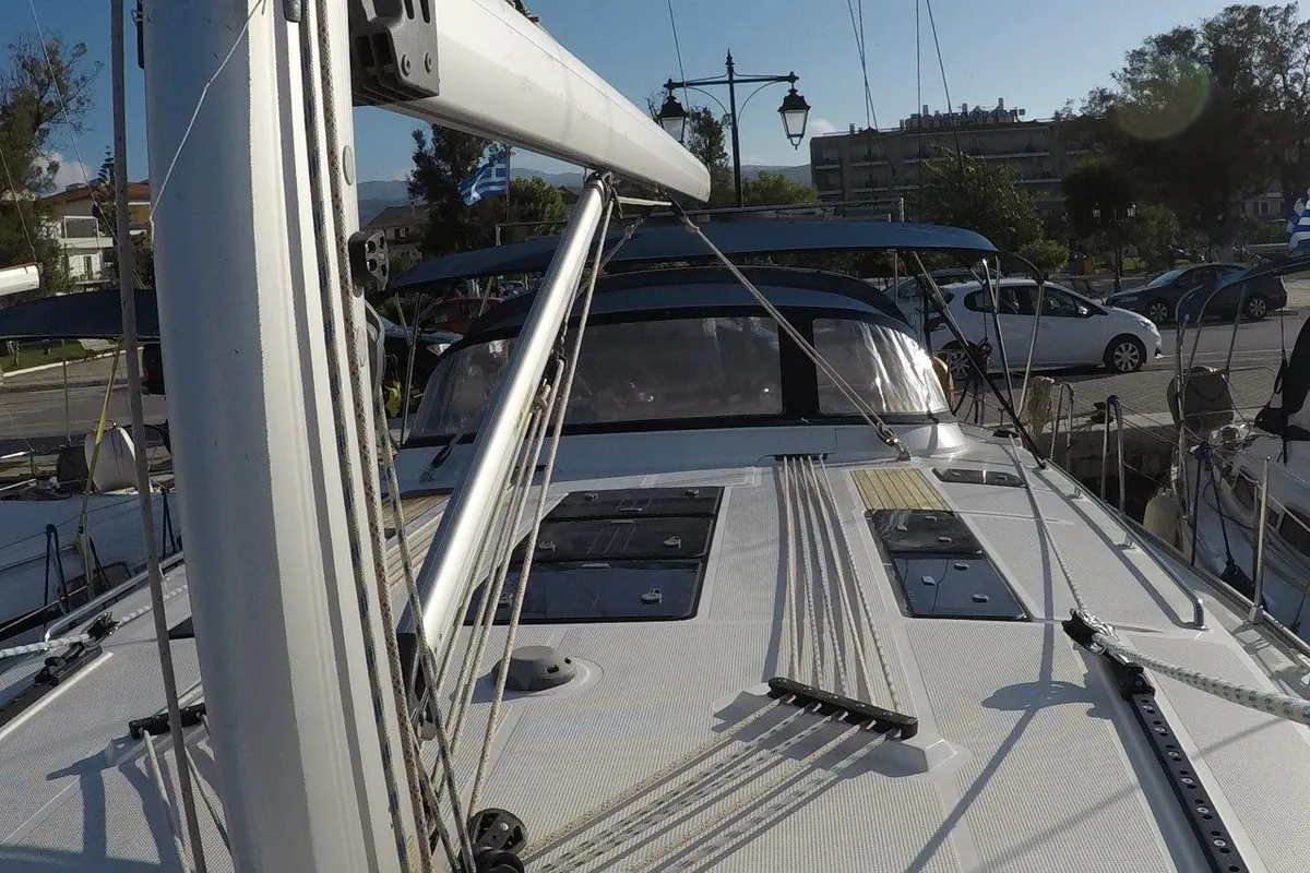 Deck of Juniper, a Bavaria 50 Cruiser sailboat at Lefkada, Greece