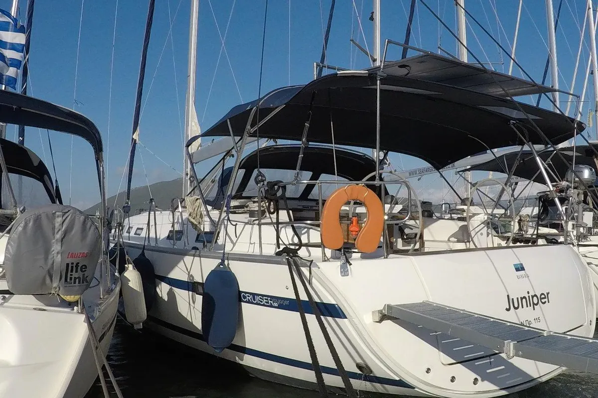 Exterior view of Juniper, a Bavaria 50 Cruiser sailboat at Lefkada, Greece