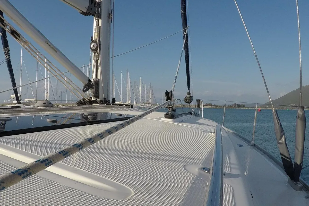 Deck of Juniper, a Bavaria 50 Cruiser sailboat at Lefkada, Greece