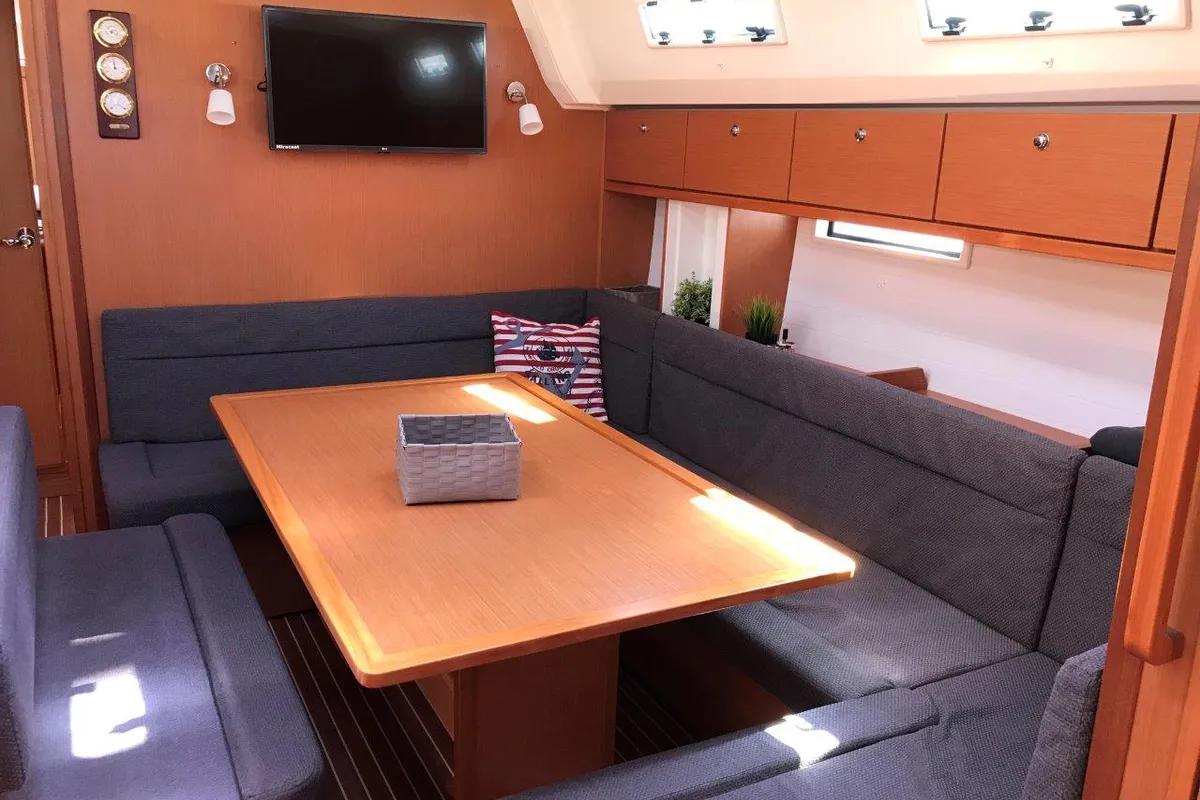 Salon of Juniper, a Bavaria 50 Cruiser sailboat at Lefkada, Greece