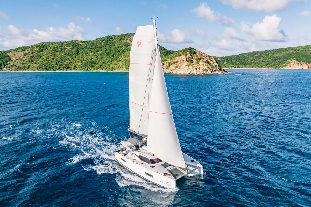 Exterior view of Gelos, a Fountaine Pajot Elba 45 catamaran at Road Town, British Virgin Islands