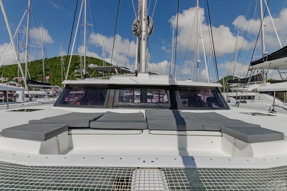 Deck of Gelos, a Fountaine Pajot Elba 45 catamaran at Road Town, British Virgin Islands