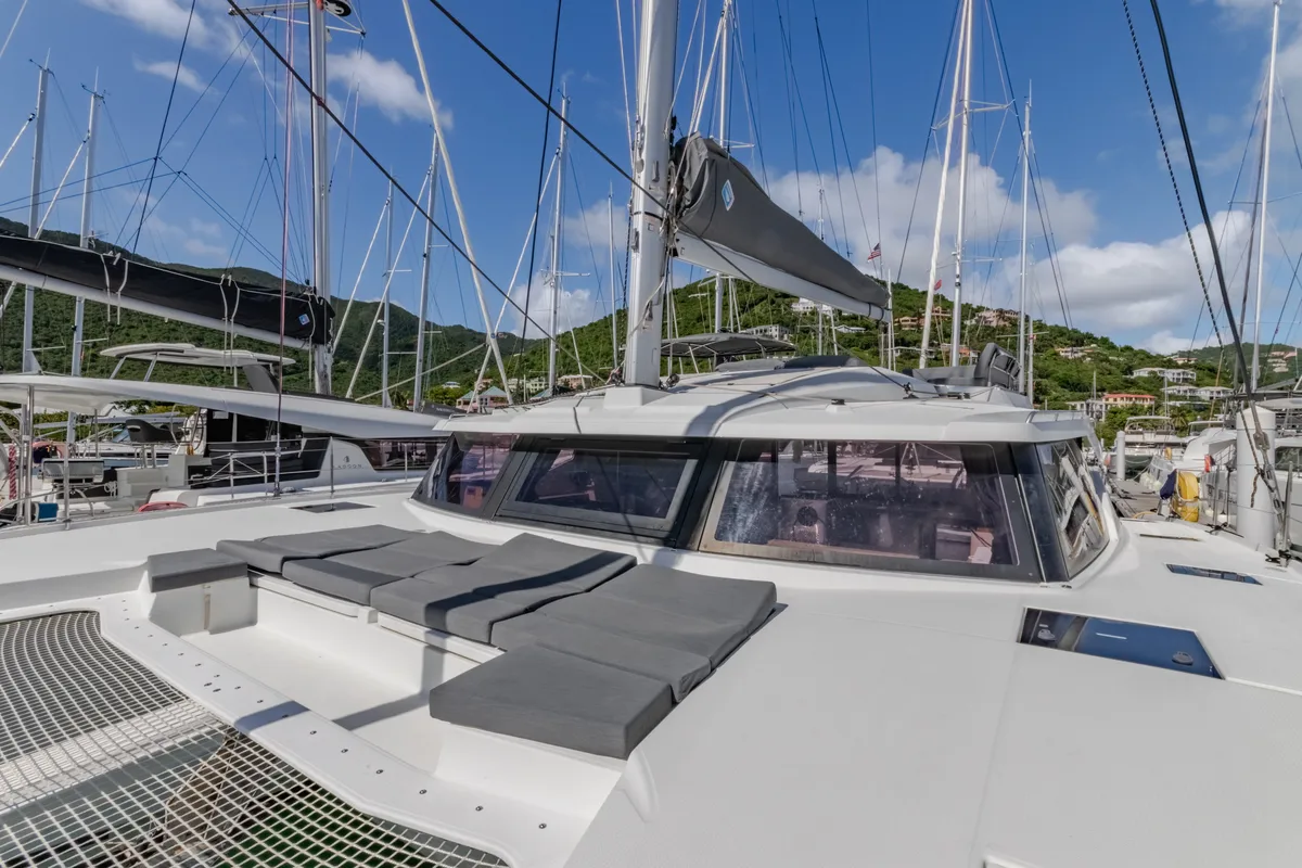 Deck of Gelos, a Fountaine Pajot Elba 45 catamaran at Road Town, British Virgin Islands