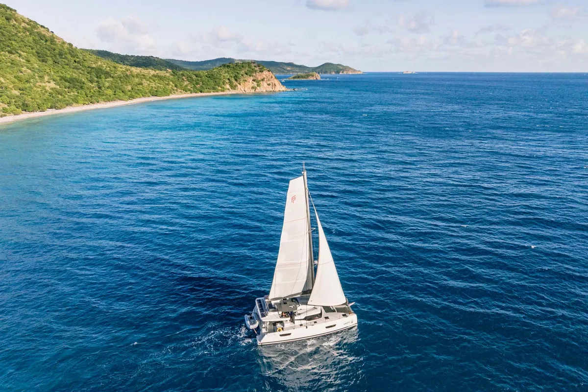 Exterior view of Gelos, a Fountaine Pajot Elba 45 catamaran at Road Town, British Virgin Islands
