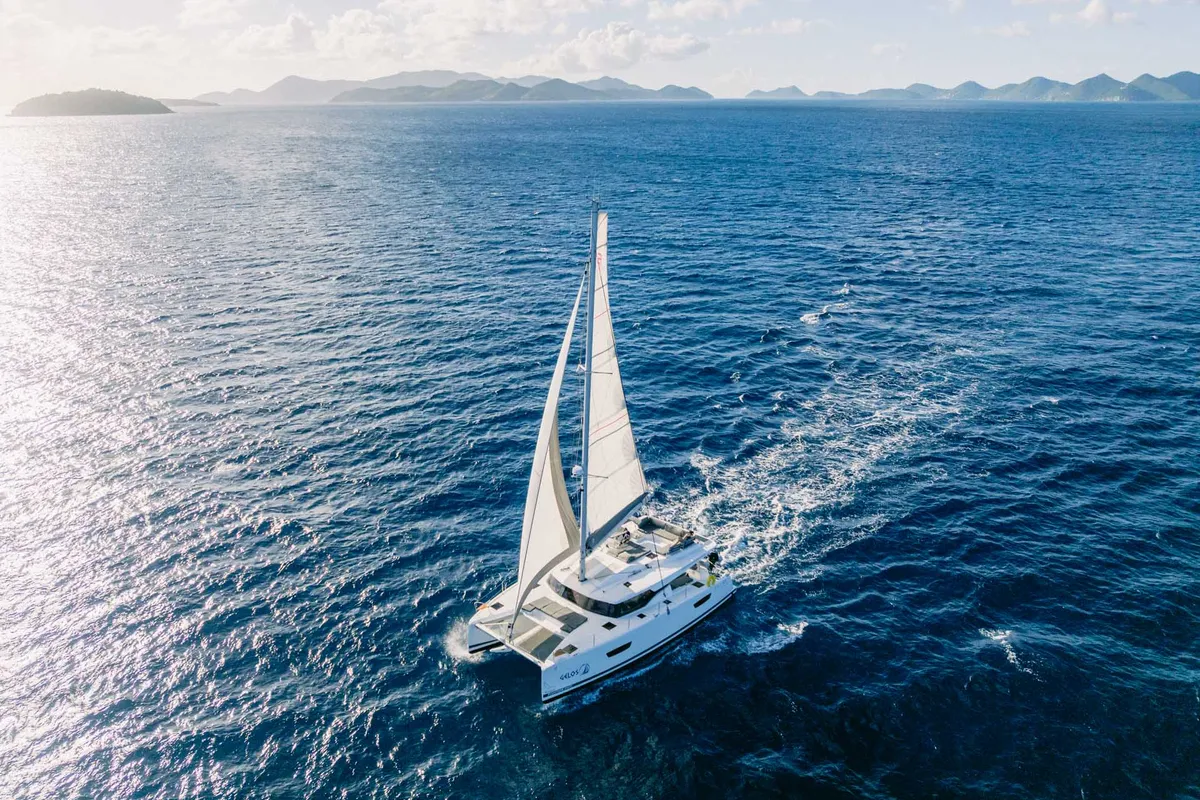 Exterior view of Gelos, a Fountaine Pajot Elba 45 catamaran at Road Town, British Virgin Islands