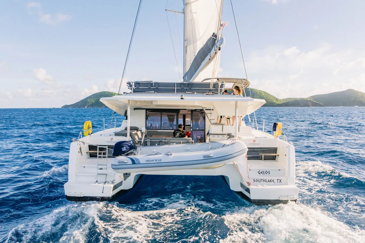 Exterior view of Gelos, a Fountaine Pajot Elba 45 catamaran at Road Town, British Virgin Islands