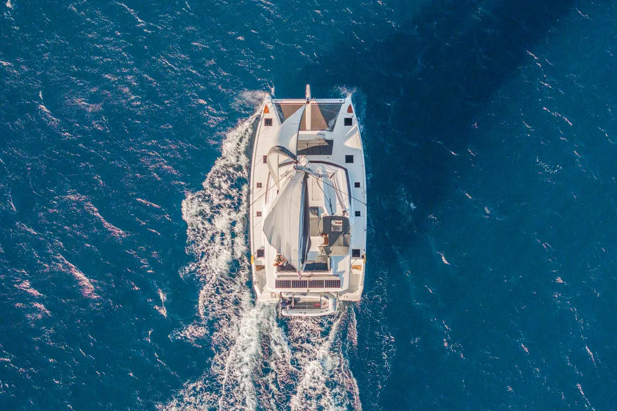 Exterior view of Gelos, a Fountaine Pajot Elba 45 catamaran at Road Town, British Virgin Islands