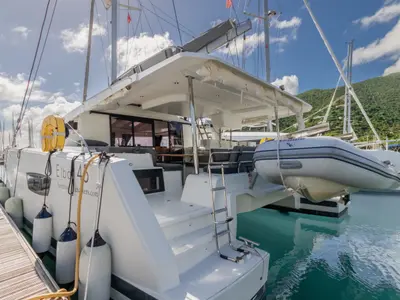 Deck of Gelos, a Fountaine Pajot Elba 45 catamaran at Road Town, British Virgin Islands