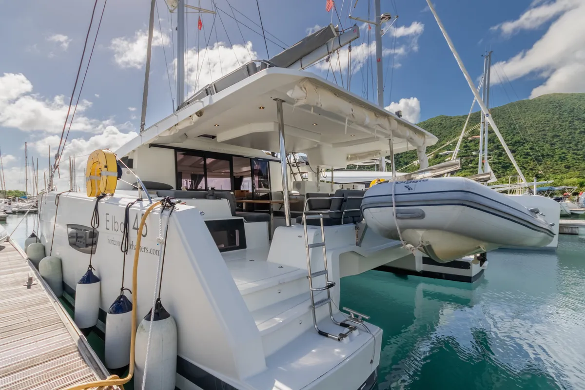 Deck of Gelos, a Fountaine Pajot Elba 45 catamaran at Road Town, British Virgin Islands