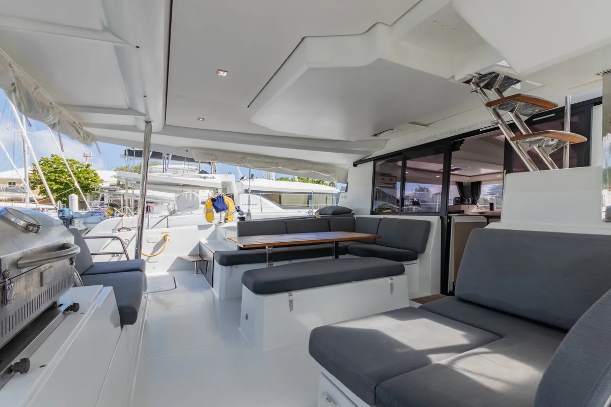 Deck of Gelos, a Fountaine Pajot Elba 45 catamaran at Road Town, British Virgin Islands
