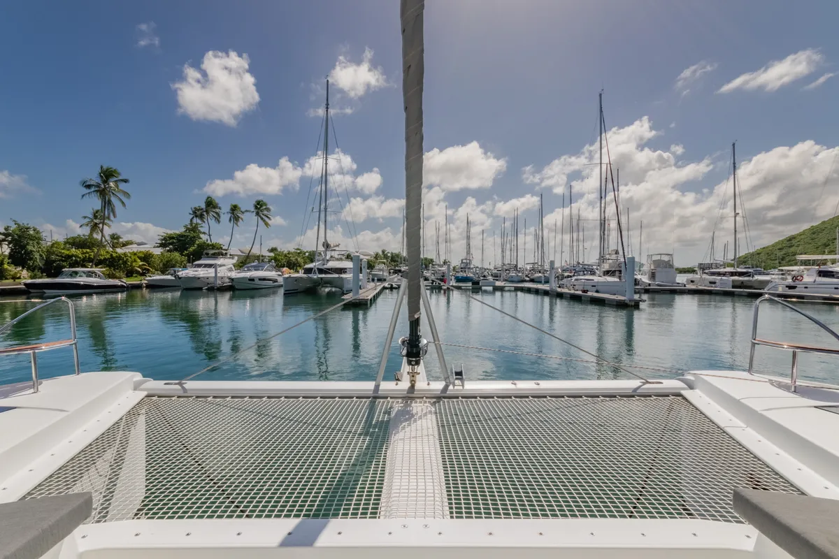Deck of Gelos, a Fountaine Pajot Elba 45 catamaran at Road Town, British Virgin Islands