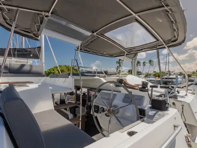 Cockpit of Gelos, a Fountaine Pajot Elba 45 catamaran at Road Town, British Virgin Islands