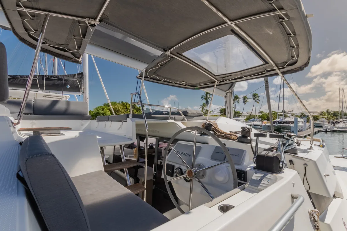 Cockpit of Gelos, a Fountaine Pajot Elba 45 catamaran at Road Town, British Virgin Islands