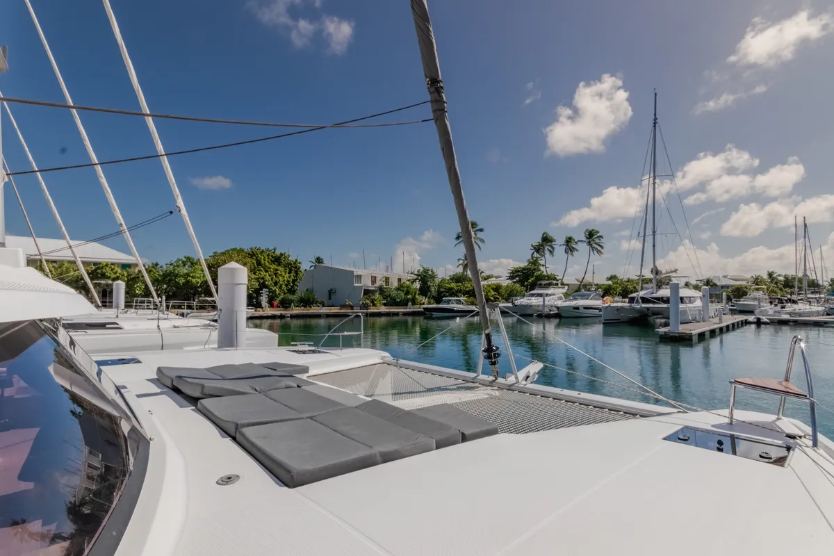 Deck of Gelos, a Fountaine Pajot Elba 45 catamaran at Road Town, British Virgin Islands