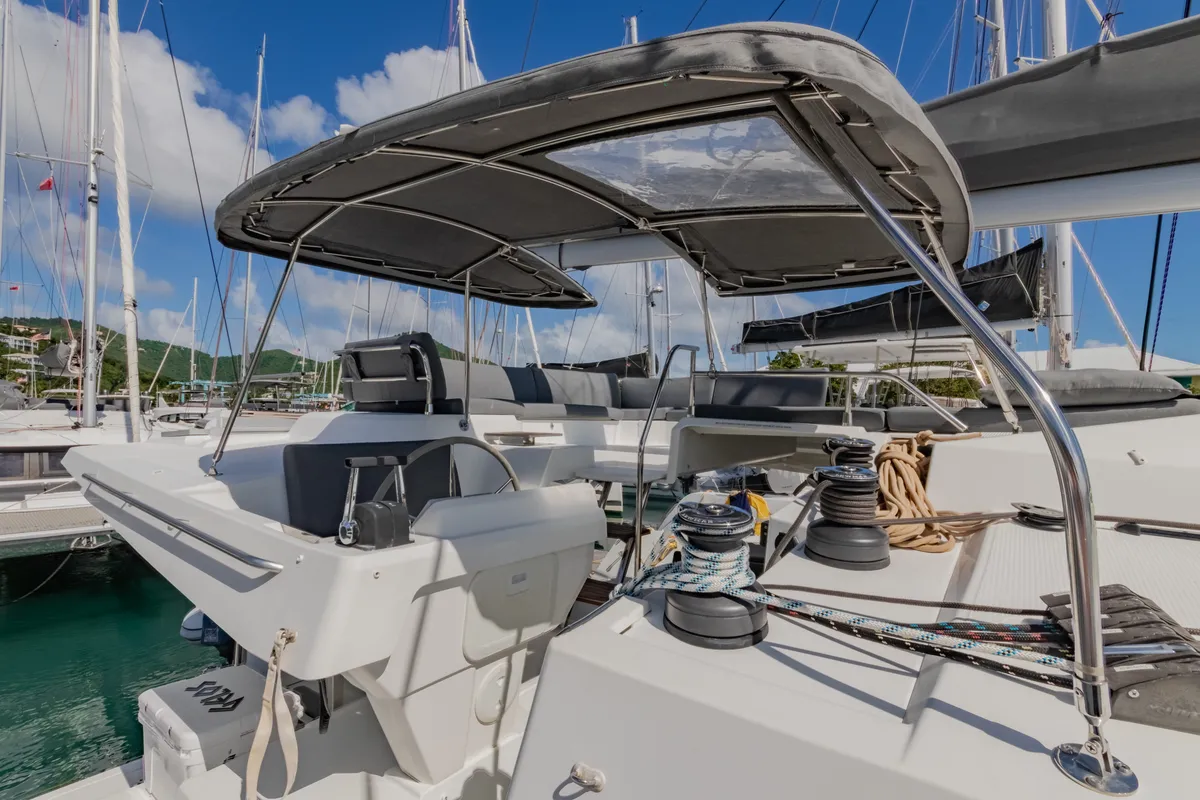 Deck of Gelos, a Fountaine Pajot Elba 45 catamaran at Road Town, British Virgin Islands