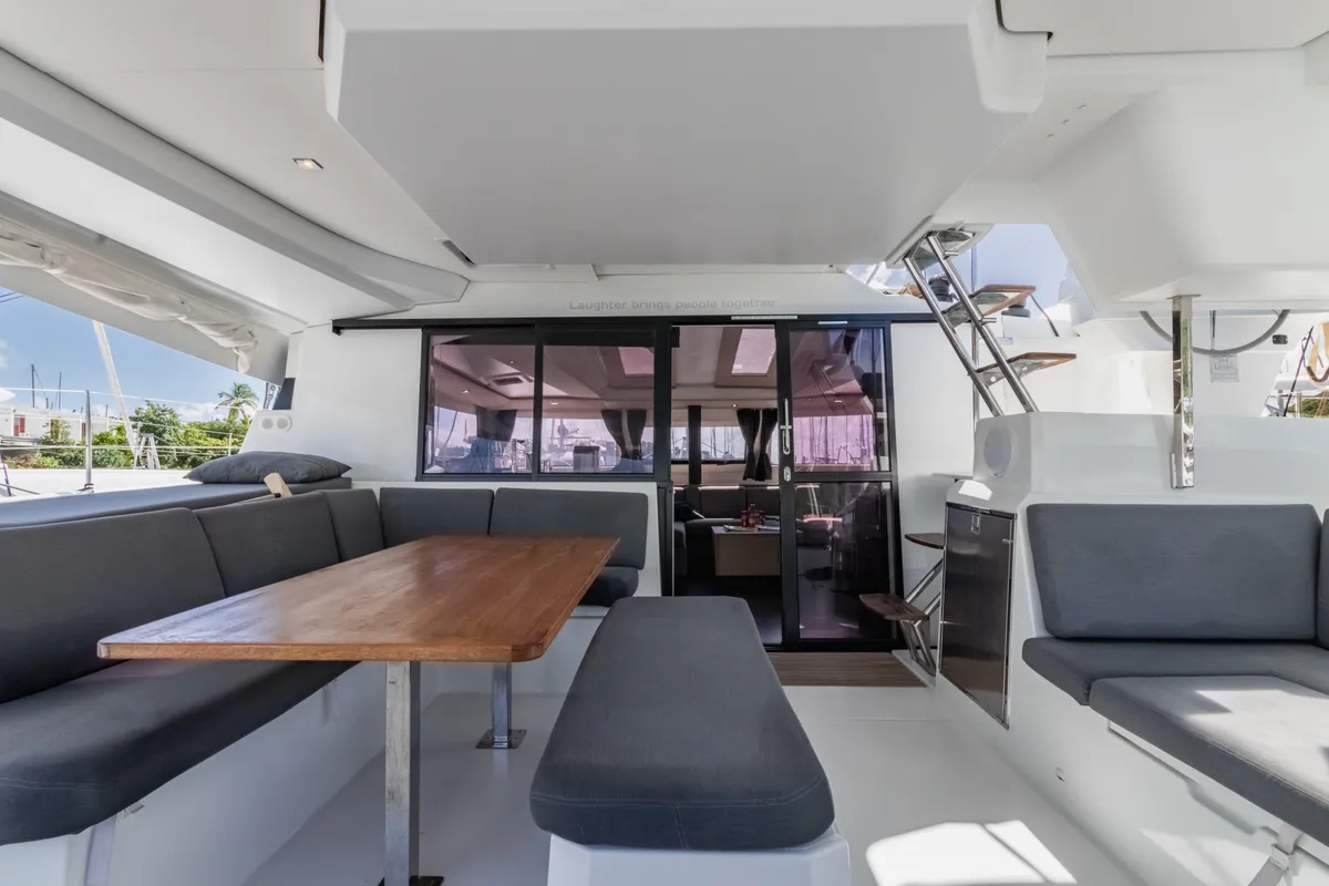 Deck of Gelos, a Fountaine Pajot Elba 45 catamaran at Road Town, British Virgin Islands