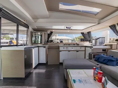 Salon of Gelos, a Fountaine Pajot Elba 45 catamaran at Road Town, British Virgin Islands