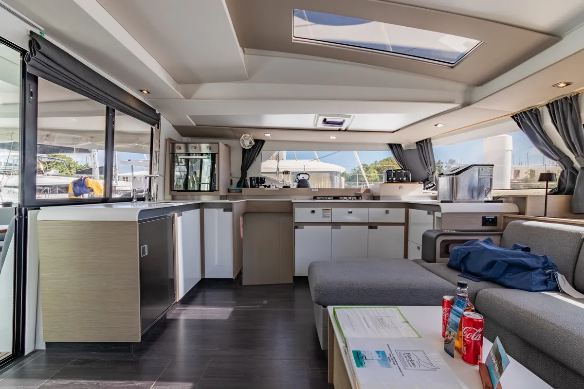 Salon of Gelos, a Fountaine Pajot Elba 45 catamaran at Road Town, British Virgin Islands