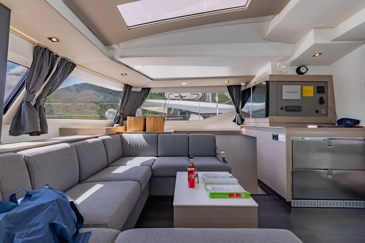 Salon of Gelos, a Fountaine Pajot Elba 45 catamaran at Road Town, British Virgin Islands