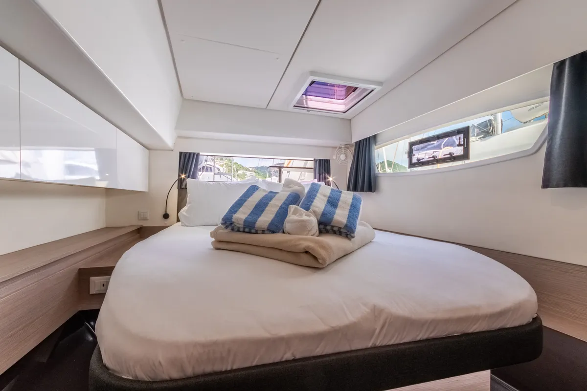 Cabin on Gelos, a Fountaine Pajot Elba 45 catamaran at Road Town, British Virgin Islands
