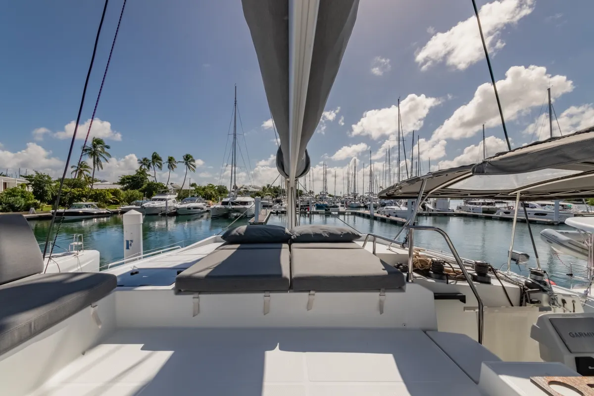 Deck of Gelos, a Fountaine Pajot Elba 45 catamaran at Road Town, British Virgin Islands