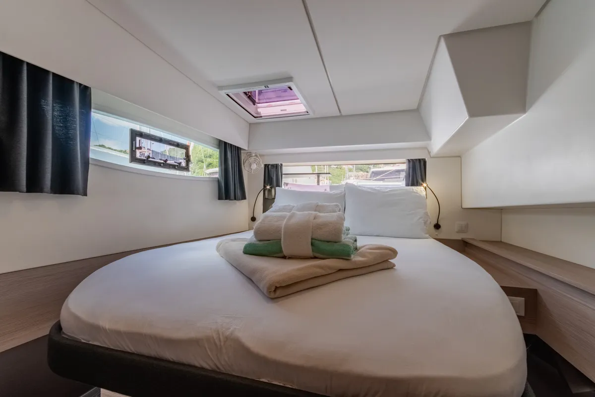 Cabin on Gelos, a Fountaine Pajot Elba 45 catamaran at Road Town, British Virgin Islands