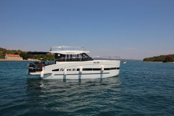 Exterior view of Tofino, a Futura 36 motor yacht at Kukljica, Croatia