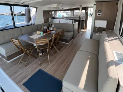 Salon of Star Velvet (A/C, Generator, Water Maker, dishwasher), a Bali 4.6 catamaran at Athens, Greece