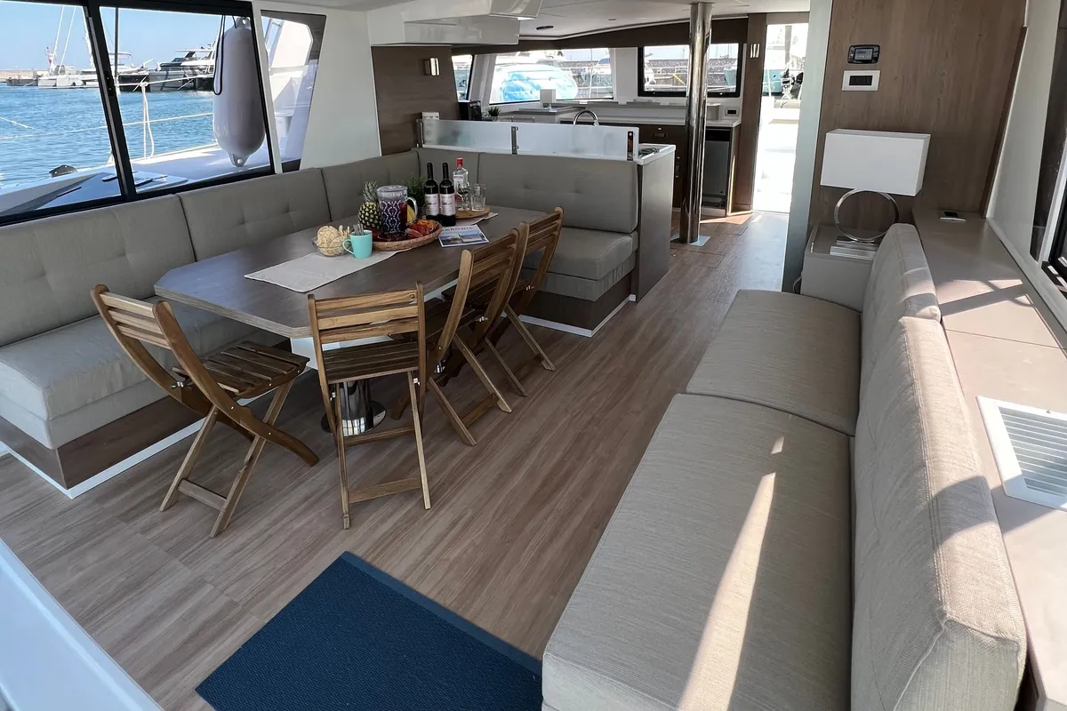 Salon of Star Velvet (A/C, Generator, Water Maker, dishwasher), a Bali 4.6 catamaran at Athens, Greece