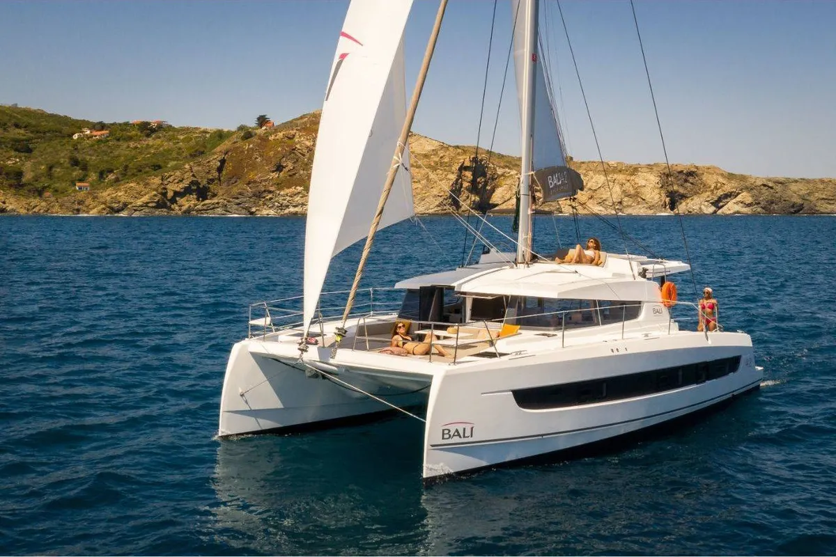 Exterior view of Riviera, a Bali 4.2 catamaran at Athens, Greece