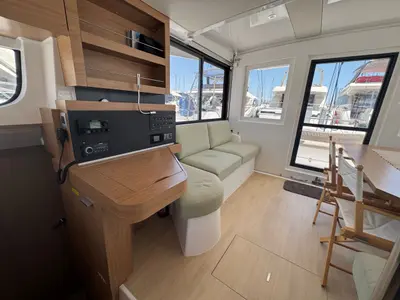 Cockpit of Maïgane, a Bali Catsmart catamaran at Seget Donji, Croatia