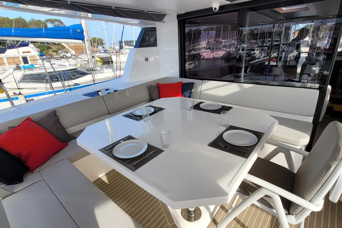 Deck of Trident, a Leopard 50 catamaran at Sukošan, Croatia
