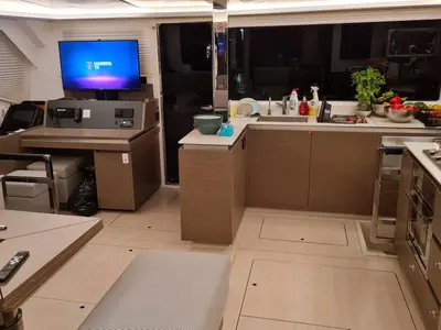 Salon of Trident, a Leopard 50 catamaran at Sukošan, Croatia