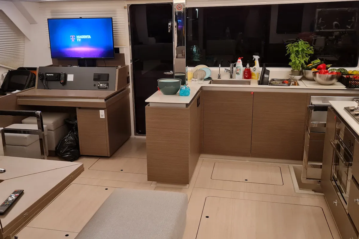 Salon of Trident, a Leopard 50 catamaran at Sukošan, Croatia