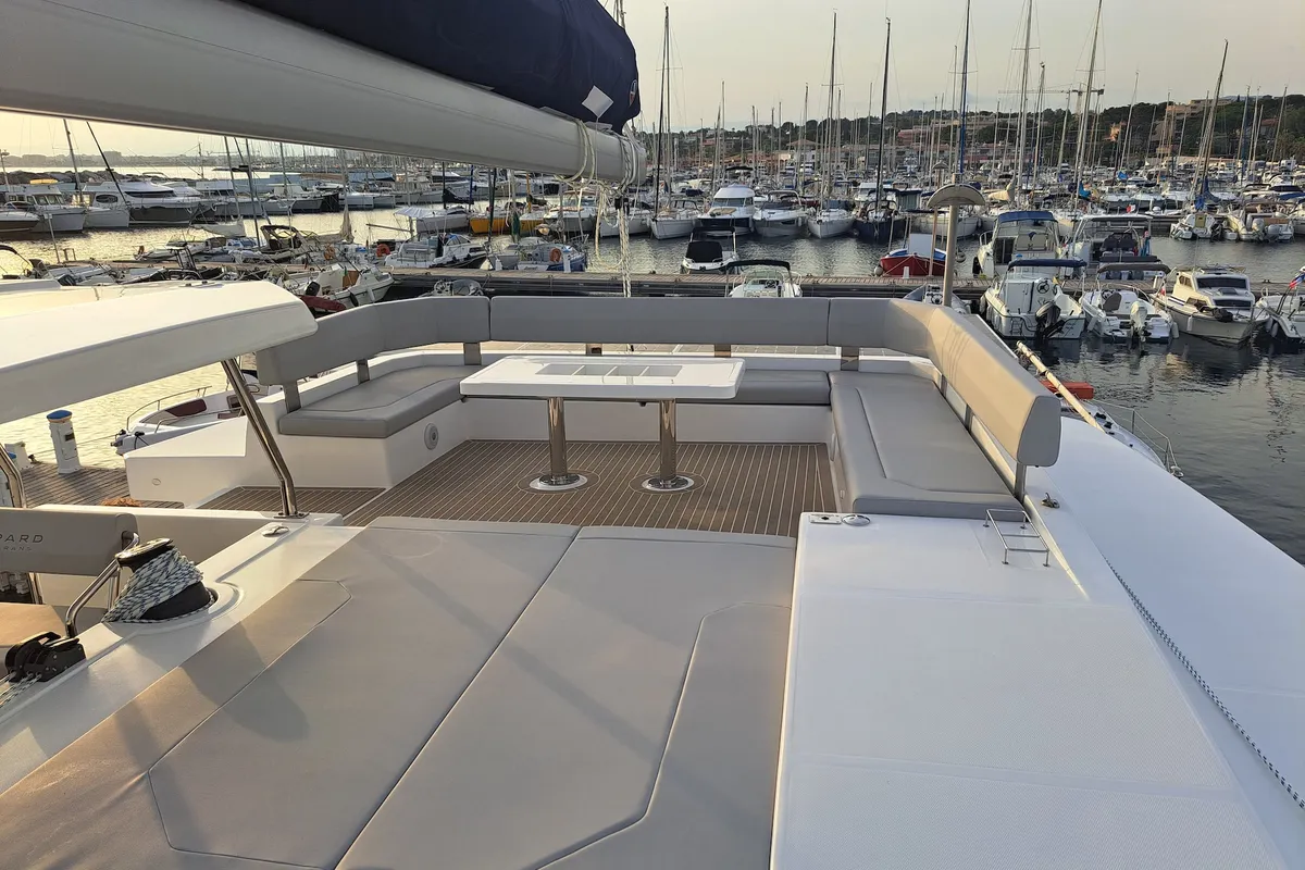 Deck of Trident, a Leopard 50 catamaran at Sukošan, Croatia