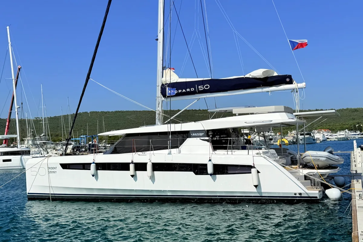 Exterior view of Trident, a Leopard 50 catamaran at Sukošan, Croatia