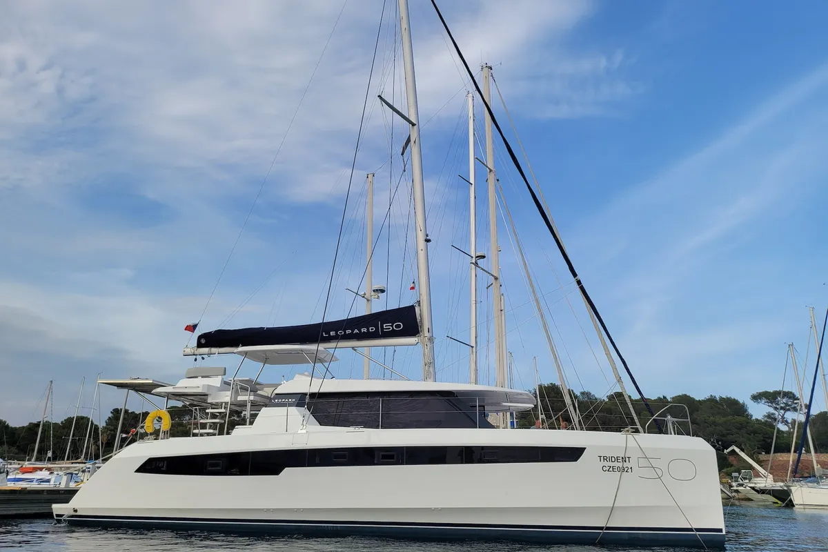 Exterior view of Trident, a Leopard 50 catamaran at Sukošan, Croatia