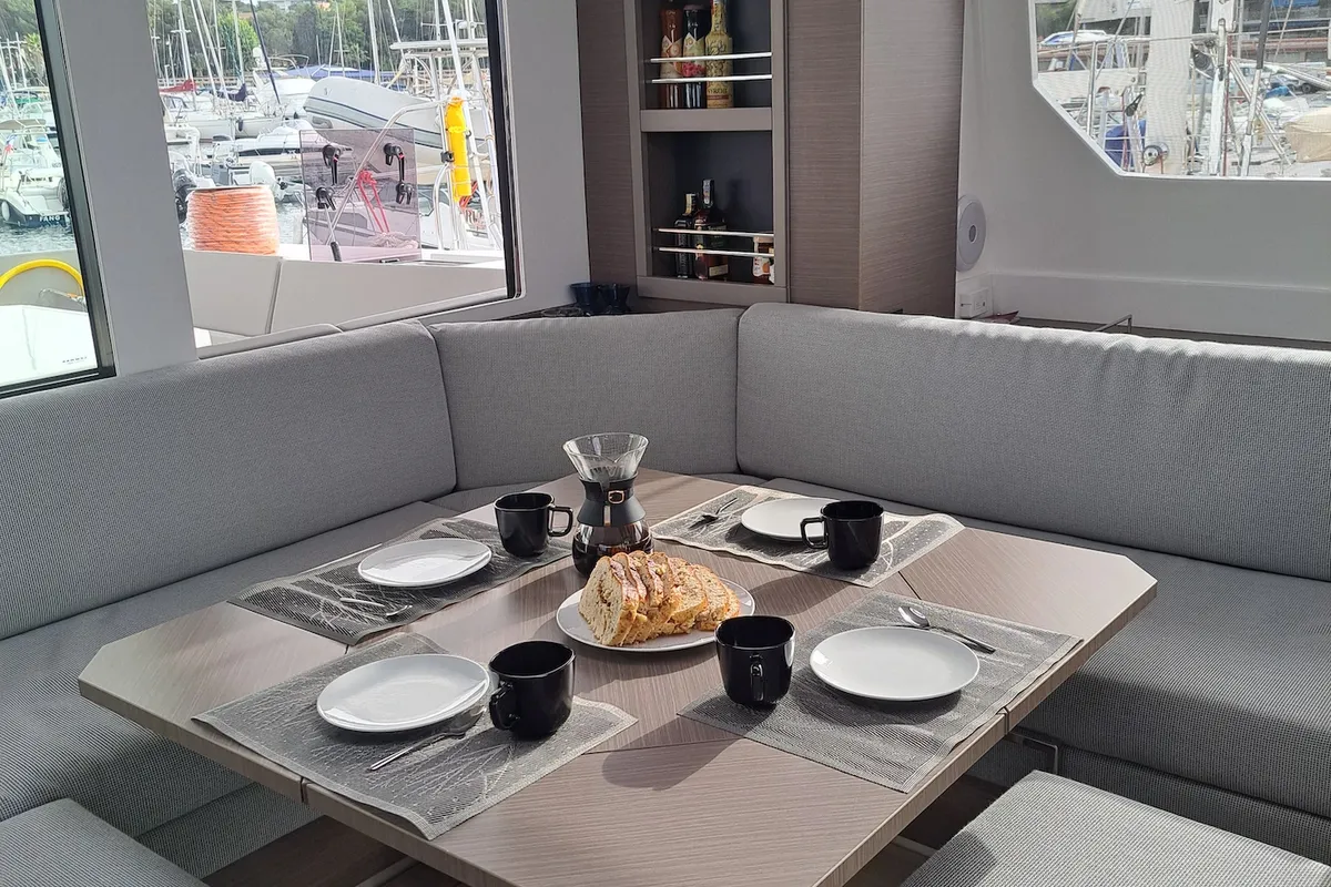 Salon of Trident, a Leopard 50 catamaran at Sukošan, Croatia