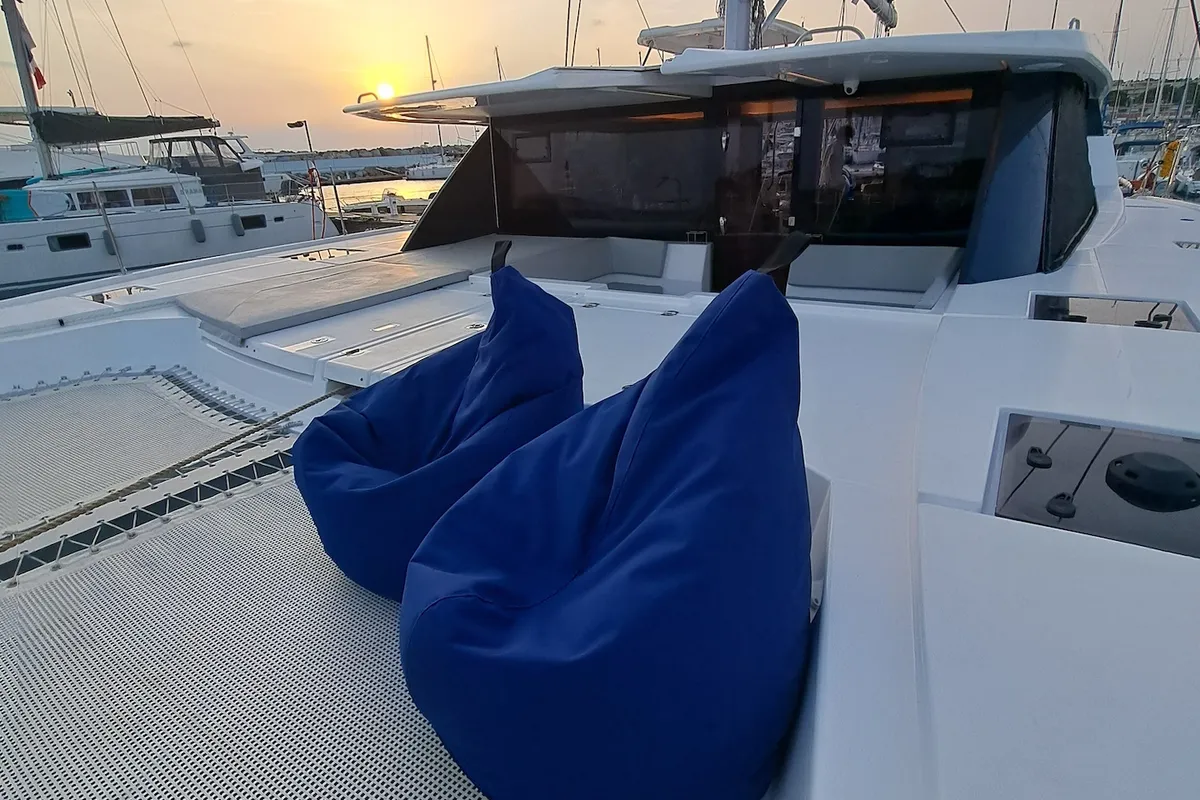 Deck of Trident, a Leopard 50 catamaran at Sukošan, Croatia