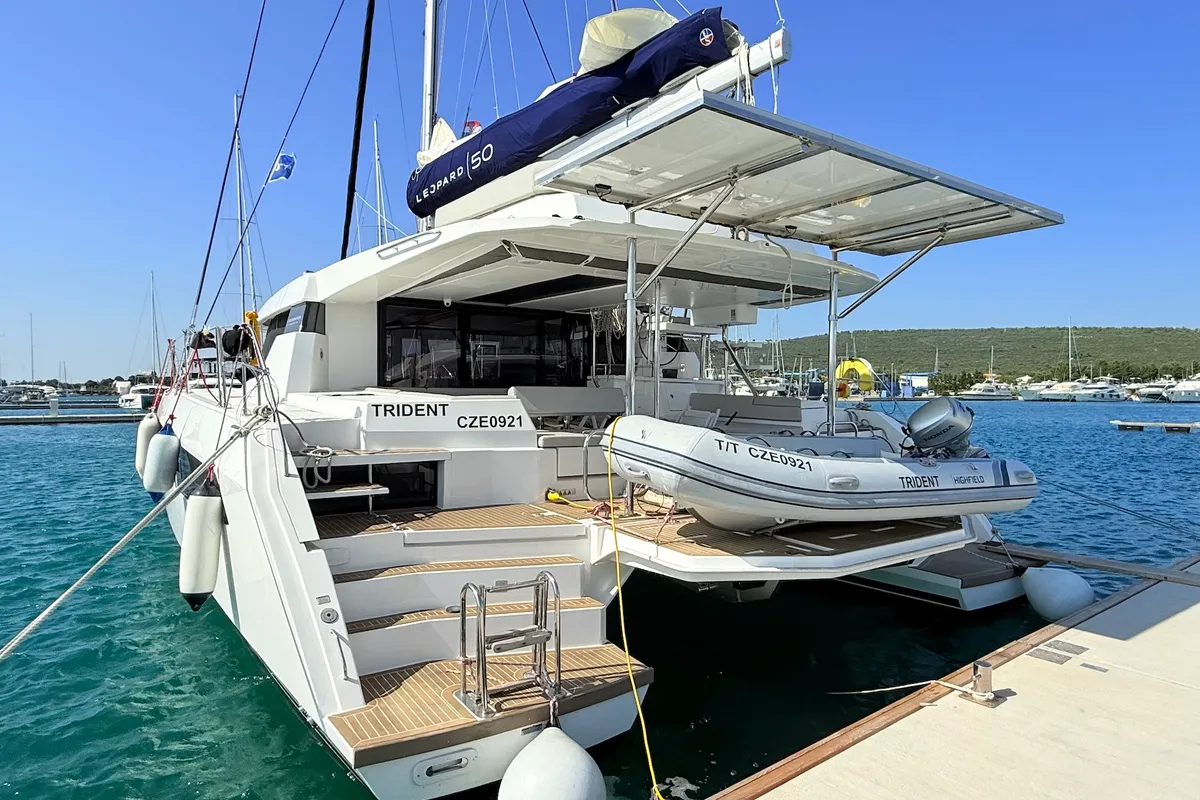Exterior view of Trident, a Leopard 50 catamaran at Sukošan, Croatia