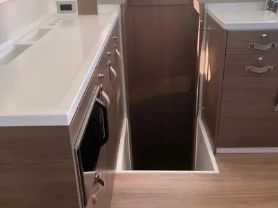 Galley of KEEP CALM, a Bali 4.4 catamaran at Capo d'Orlando, Italy